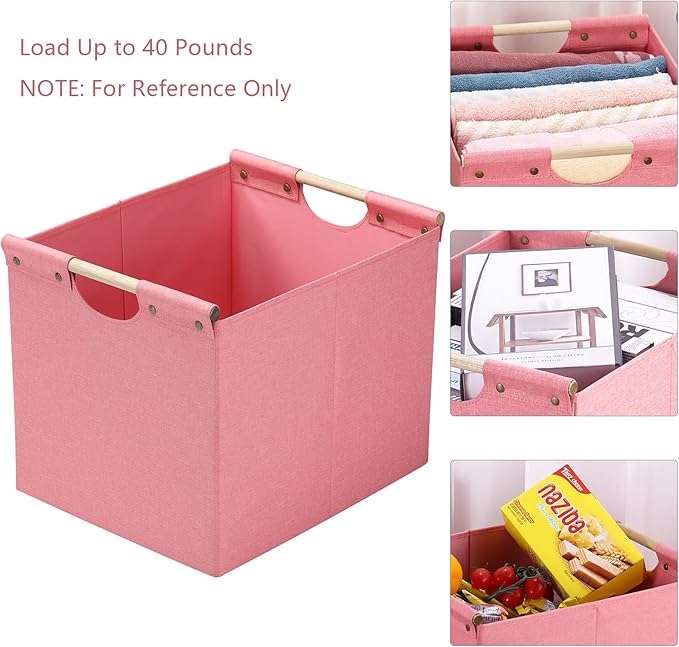 HOONEX Large Foldable Storage Bins, Linen Fabric, Pack of 2, Storage Baskets with Wooden Carry Handles and Sturdy Heavy Cardb