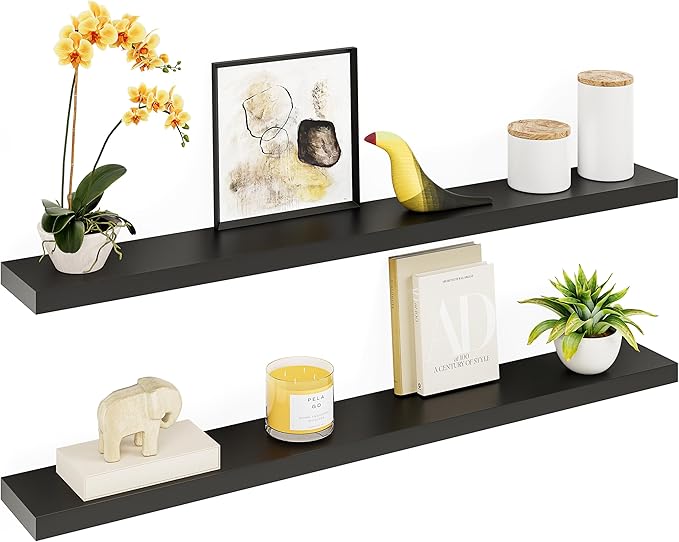 Ballucci Floating Shelves for Wall, 55 inch 2-Tier Black Shelf, Invisible Brackets, Wood Wall Shelf for Living Room, Bedroom,