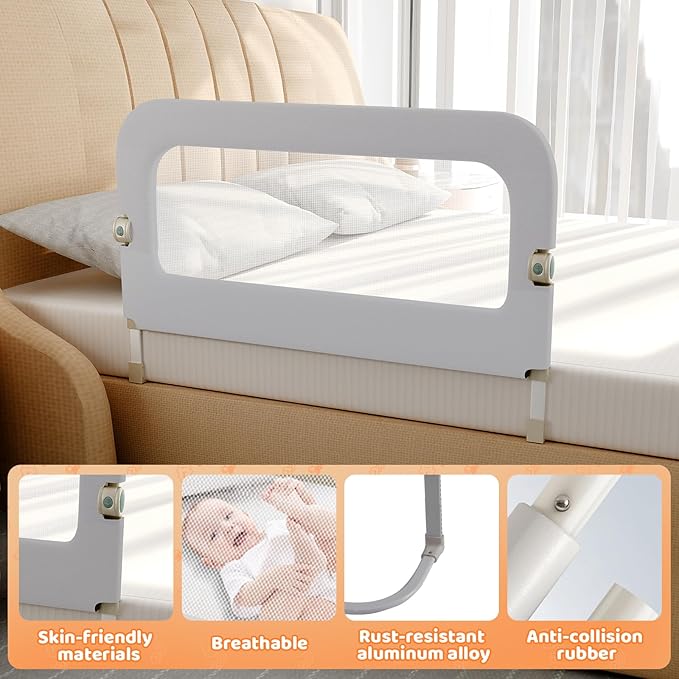 omzer Bed Guard Rail for Toddlers - 47inch Foldable & Adjustable Height Baby Bed Safety Side Rails - Large Toddler Crib Raili