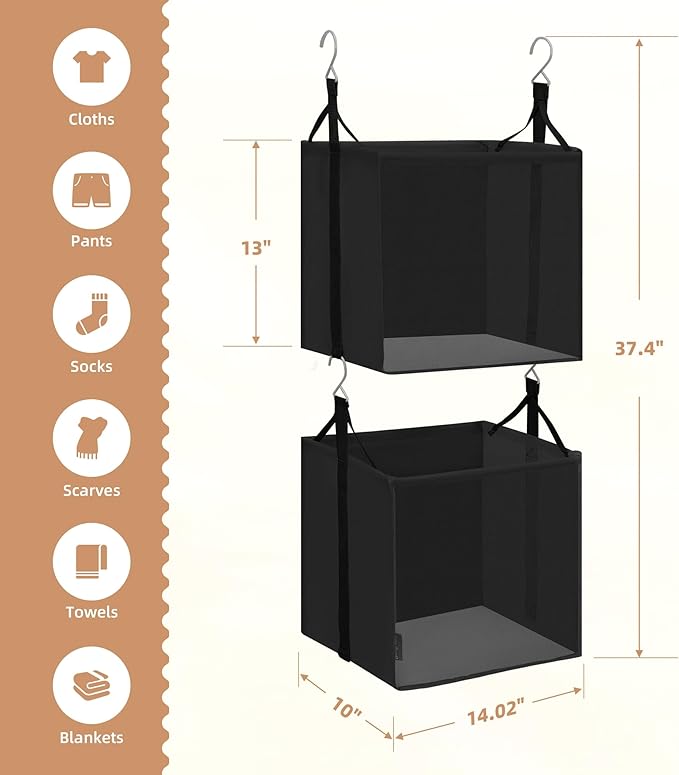 STORAGE MANIAC 2-Shelf Hanging Closet Organizer, Cloth Hanging Closet Shelf, Hanging Closets Baskets with Hooks for Dorm, Apt