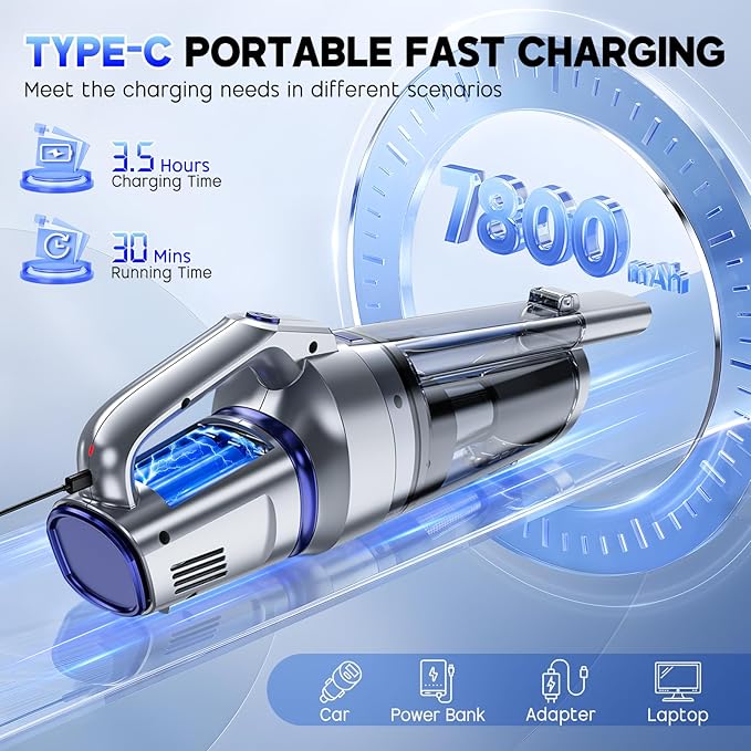 Handheld Vacuum Cordless, 16000PA Strong Suction Hand Held Car Vacuum Cleaner, Portable Hand Vacuum Rechargeable with Multi-N