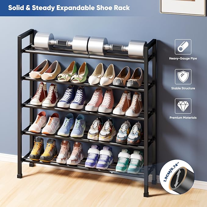 Abiglifty 5-Tier Expandable Shoe Rack,17"-33" Adjustable Shoe Rack for Closet,Metal Shoes Shelves for Front Door Entrance, Ga