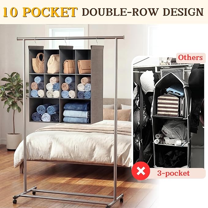 Ofiray-home 3 Tier Hanging Closet Organizer, 10 Compartments Sweater Organizer for Closet with 3 Sturdy Hooks, Closet Organiz