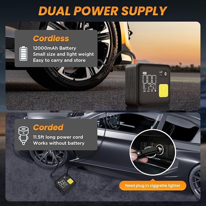 Cordless Air Compressor Portable, 150PSI Electric Tire Inflator for Car, 3X Faster Inflation, Heavy Duty Portable Air Pump with Auto Stop, LED Light for Emergency