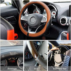 Leather Steering Wheel Cover, Soft Breathable Anti Slip, Universal Fit 15 Inch Car, Truck, SUV (Black/Orange)