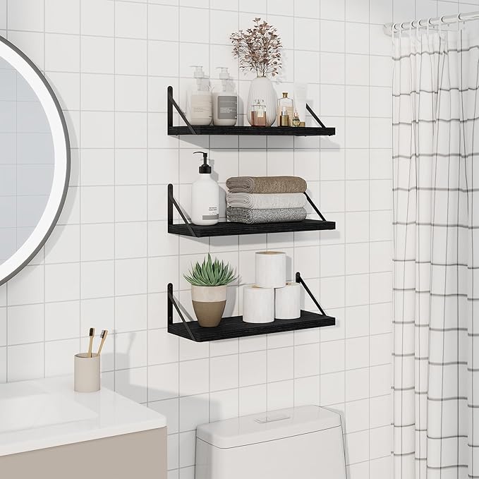 Floating Bookshelf with Brackets, Black Floating Shelves, 16 inch Wall Shelves Set of 3, Particle Board Wooden Shelf for Kitc
