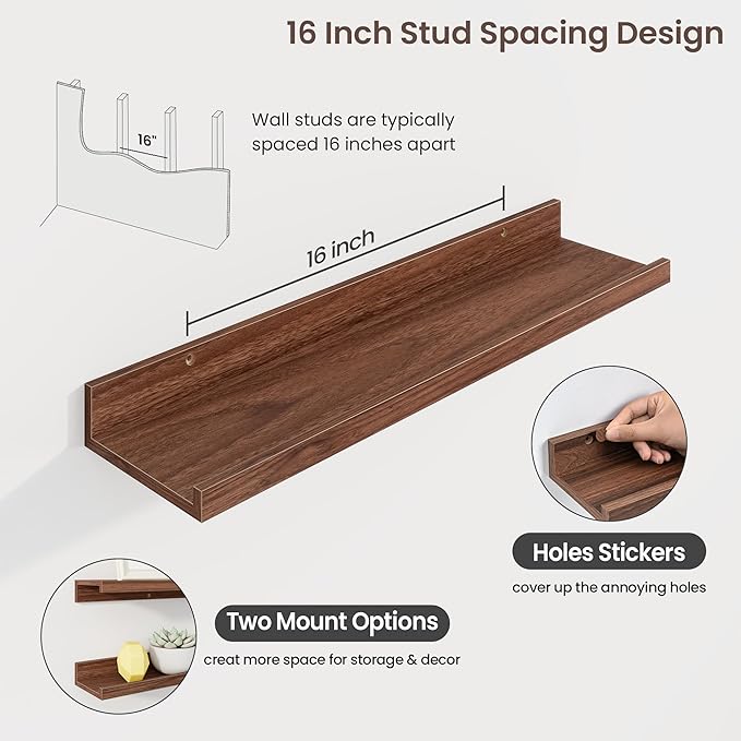 Axeman Picture Ledge Shelf | 24 Inch Walnut Floating Shelves Set of 3 | Rustic Wood Wall Shelves with Lip | 24" Walnut Pictur