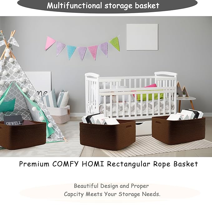 COMFY-HOMI 3 pcs Large Storage Baskets for Shelves, Laundry Basket, Woven Rope Basket, Closet Organizer Bins for Clothes Blan