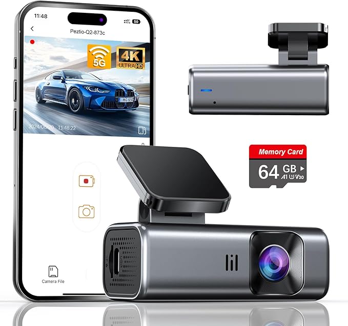 4K Dash Cam Front, Built-in 5G WiFi, 64GB Card Included, Dash Camera for Cars, Mini Dashcam with Super Night Vision, Loop Rec