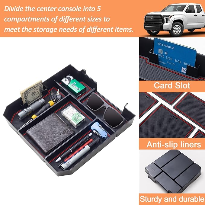 TOPINSTALL Red Full-Size Console Tray Compatible with 2022-2026 Toyota Tundra / 2023-2026 Sequoia Accessories Armrest Storage Box Tray with Anti-Slip Inserts (Not for the Console with Safe)