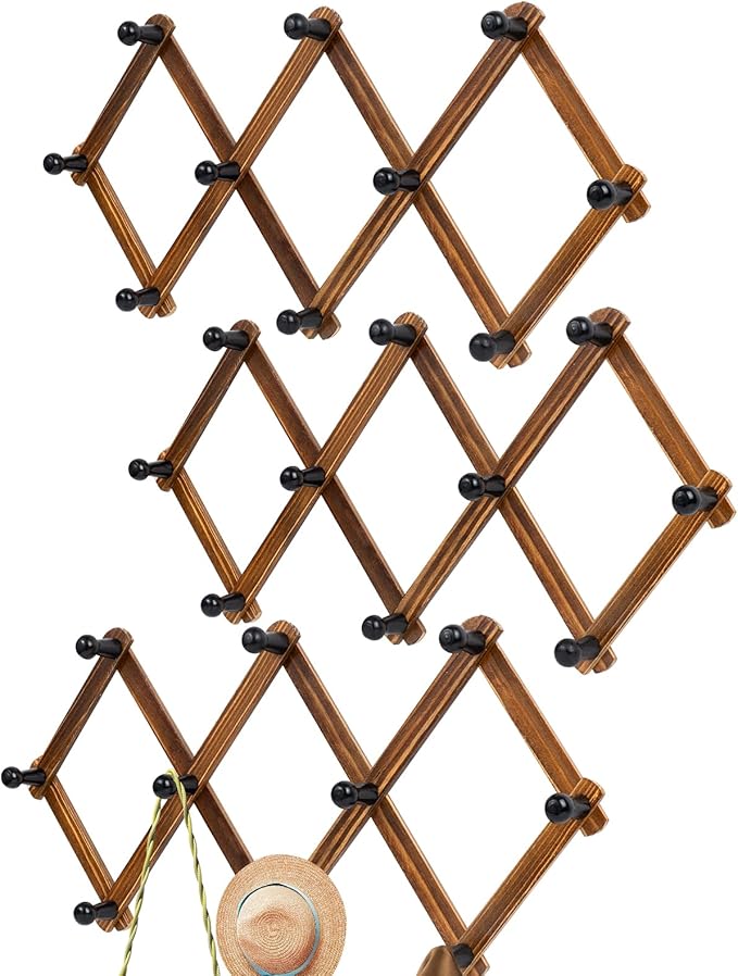 Accordion Wall Hanger, Wood Expandable Wall Mounted Hanger with 10 Hooks for Coats,Hats,Coffee Mug Ect,3 Packs Included,30 Pe