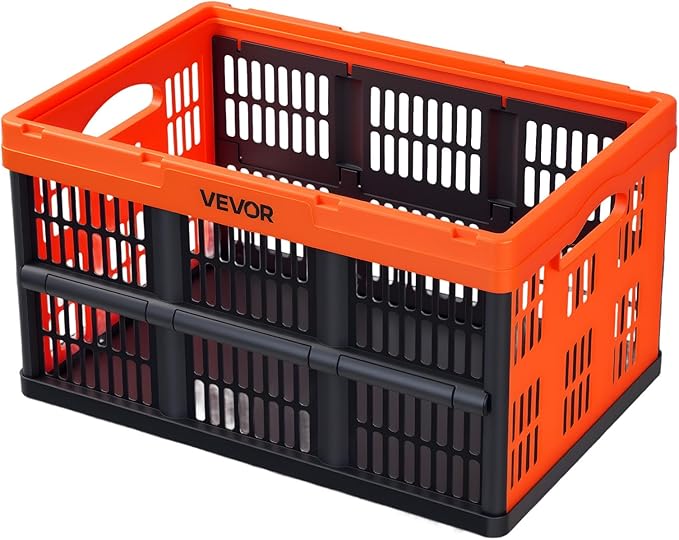 VEVOR Plastic Collapsible Storage Bins, 45L 6 Packs, Stackable Folding Storage Crates with Handles, Holds 33 lbs Per Bin, Fol