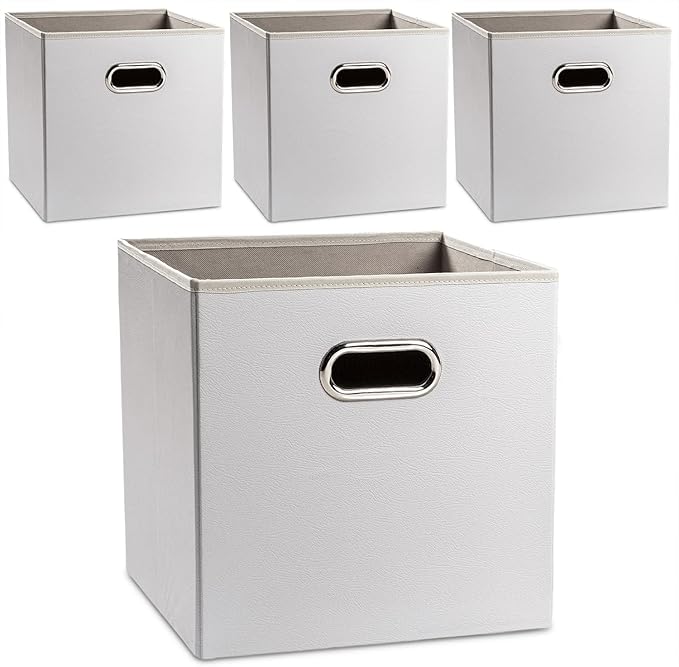 PRANDOM Leather Foldable Cube Storage Bins 13x13 inch [4-Pack] Fabric Storage Baskets Cubes Drawer with Cotton Handles Organi