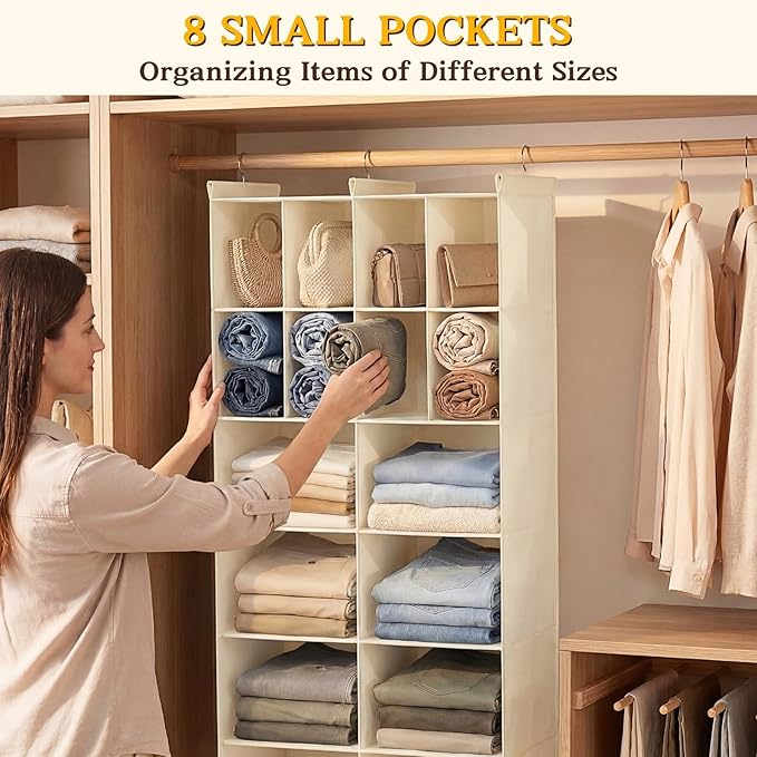 Ofiray-home 6 Tier Hanging Closet Organizer, 16 Compartments Sweater Organizer for Closet with 3 Sturdy Hooks, Closet Organiz