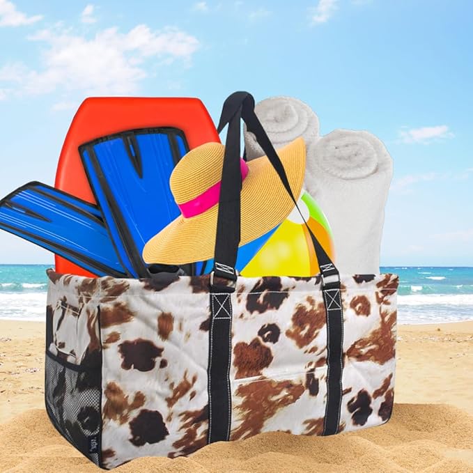 NGIL Extra Large Utility Tote Reusable Grocery Organizing Bag Oversized Collapsible for Storage, Picnic,Car, Beach (Cow Print-black)