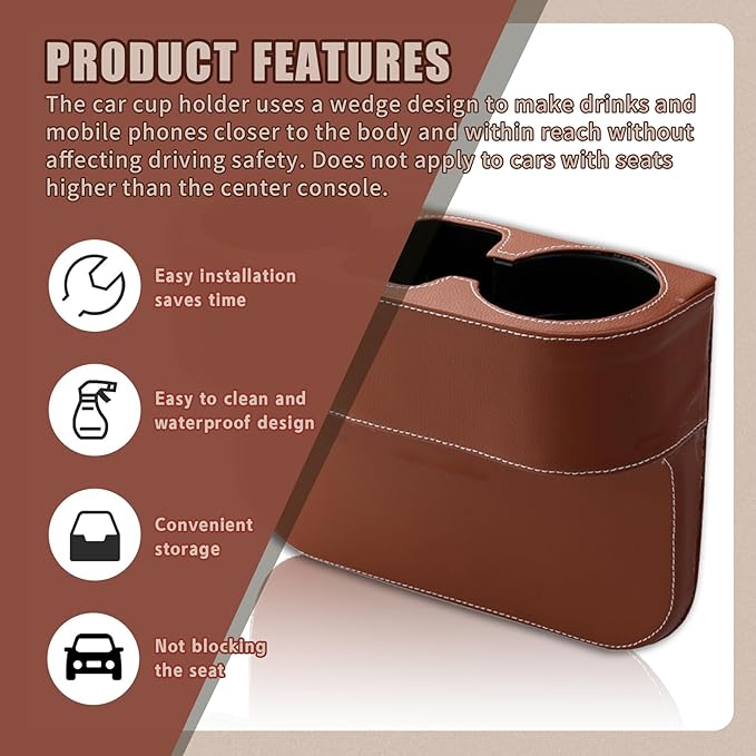 Car Cup Holder, PU Leather Auto Front Seat Organizer, Multifunctional Cup Drink Holders, Gap Filler Storage Box Coin Bucket Console Side Pocket Cell Mobile Phone Holder (Brown)