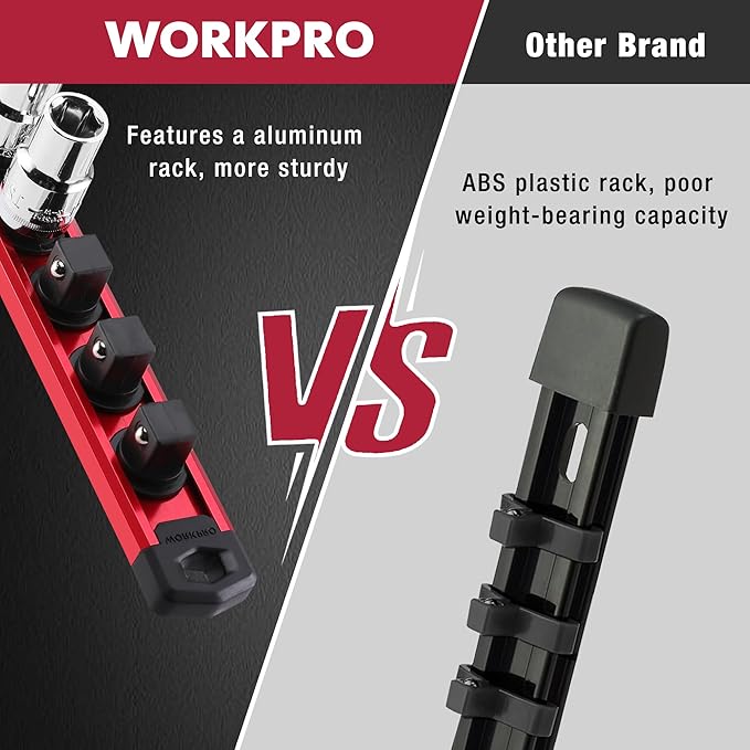 WORKPRO Magnetic Socket Organizer Set, 3-Piece Aluminum Alloy Socket Rail, Heavy Duty Socket Holder, Socket Rack Kit 1/4-Inch