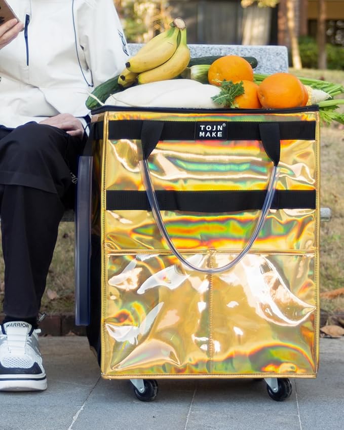 Reusable Grocery Bag On Wheels (Medium, Glitter Gold), Shopping Trolley, Rolling Tote with 8 Pockets and Zipper Cover, Foldable, Heavy Duty Handles, Carries Up to 66 LBS