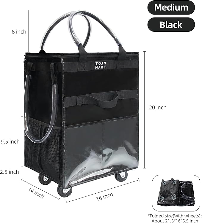 Reusable Grocery Bag On Wheels(Medium -Black), Rolling Tote Bag, Shopping Cart with 8 Pockets and Zipper Cover for Trips, Foldable, Heavy Duty Handles, Carries Up to 46LBS