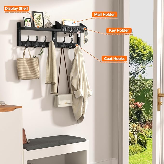 Evermagin 29" Coat Rack Wall Mount with Shelf, 4 in 1 Wall Mounted Coat and Key Hanger with 11 Hooks, Entryway Key Holder wit