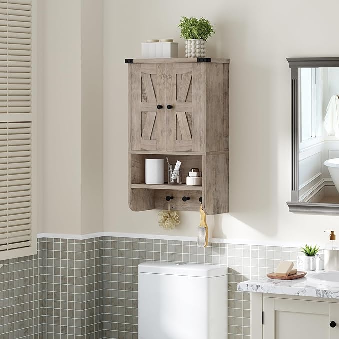 MAHANCRIS Bathroom Wall Cabinet, Farmhouse Medicine Cabinet with Adjustable Shelf, 3-Tier Wall-Mounted Storage Cabinet with 3