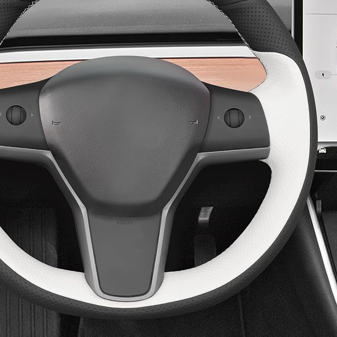 MEWANT Hand Stitched White Leather Tesla Model 3 Steering Wheel Cover for Tesla Model 3 2017-2023 / Model Y 2020-2023 for Tesla Model 3/Y Accessories