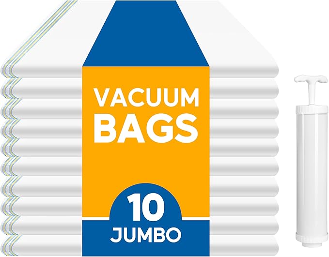 10 Jumbo Vacuum Seal Bags with Hand Pump, Vacuum Storage Bags, Space Saver Bags for Clothing, Comforters, Blankets, Bedding, 