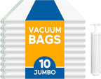 10 Jumbo Vacuum Seal Bags with Hand Pump, Vacuum Storage Bags, Space Saver Bags for Clothing, Comforters, Blankets, Bedding, 