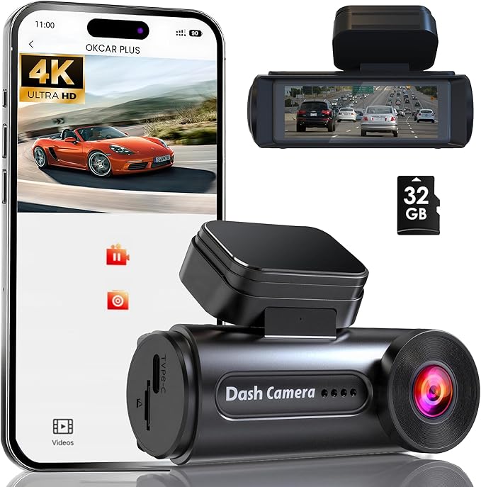 4K Dash Cam Front with Built-in WiFi, Dash Camera for Cars, 32GB Card Included, Super Night Vision Dash Camera, Loop Recordin