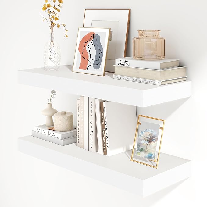 30 Inch Floating Shelves | 12 Inch Deep White Floating Shelves Set of 2 | 30" W x 12" D Rustic Wood Shelves for Wall | Deep W