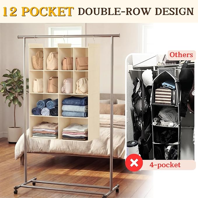Ofiray-home 4 Tier Hanging Closet Organizer, 12 Compartments Sweater Organizer for Closet with 3 Sturdy Hooks, Closet Organiz