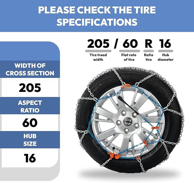 Snow Chains for Cars, SUVs & Pickup Trucks – Quick Fit, Easy Installation, Reusable Universal Tire Chains for Winter Emergenc