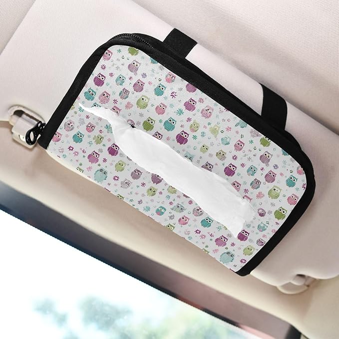 Car Tissue Holder Car Visor Organizer Tissue Box Holder for Car Sun Visor Organizer with Car Vehicle Accessories Essentials Interior for Women Men Kawaii Owls and Flowers