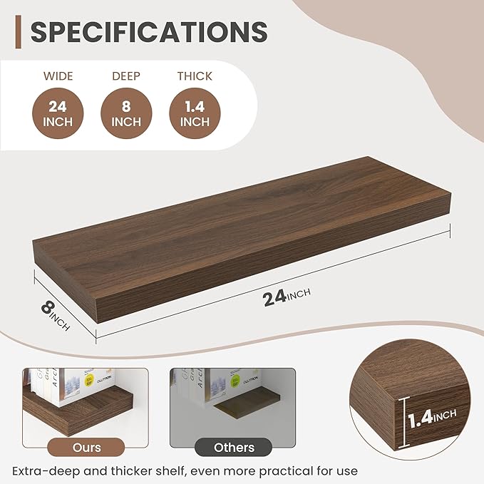 24 Inch Floating Shelves, 8 Inch Deep Floating Shelves for Wall, Hanging Shelf with Invisible Brackets, Deep Shelves for Bath
