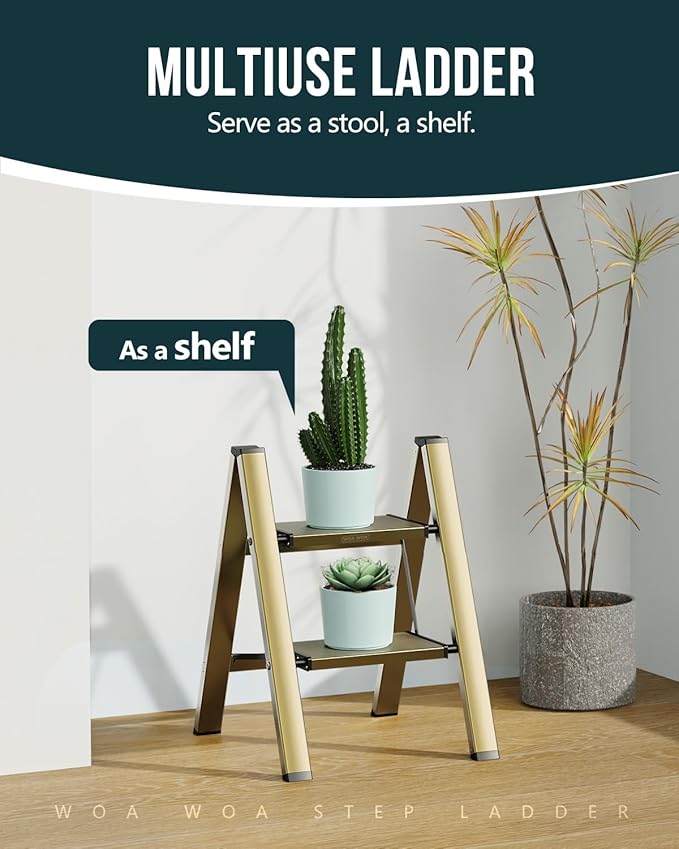 WOA WOA Step Ladder, 2 Step Foldable Step Stool with Widen Pedals, Portable Aluminum Stepladder, Compact Ladder for Space Sav