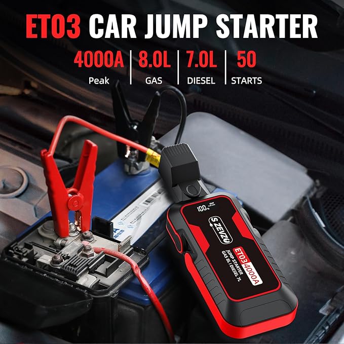 S ZEVZO ET03 Car Jump Starter 4000A Jump Starter Battery Pack for Up to 8.0L Gas and 7.0L Diesel Engines, 74Wh Portable 12V