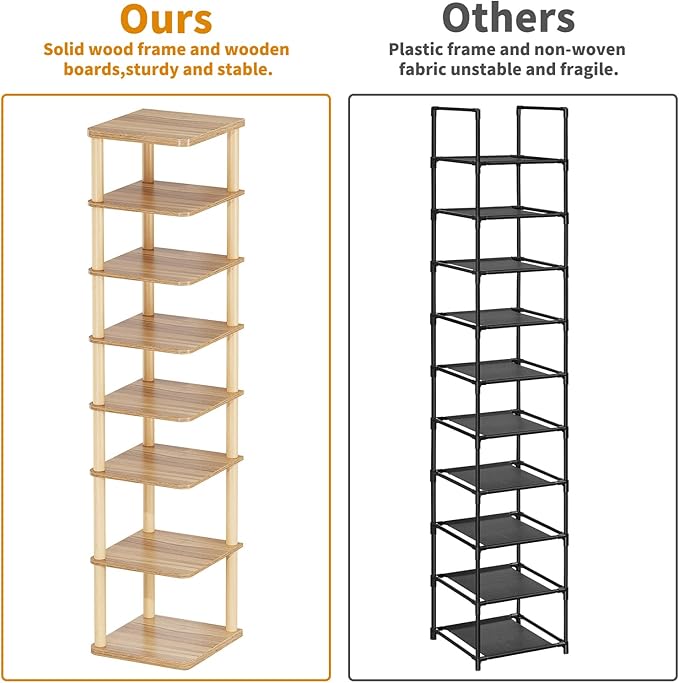 LUCKNOCK Vertical Shoe Rack, 8-Tier Tall Narrow Shoe Organizer for Entryway, Closet, Dorm & Small Spaces, Freestanding Wooden