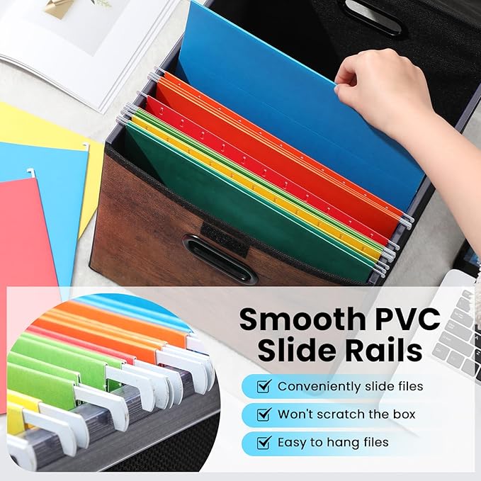 Cinnvoice File Organizer Box with Wood Grain Pattern, Hanging Collapsible File Storage Bins with Lid Plastic Slides for Schoo