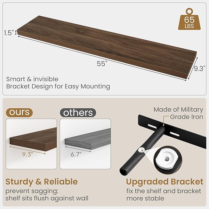 55"W x 9.3"D Floating Shelves for Wall, Wall Mounted Bathroom Shelves 1 Pack Deep Floating Shelf for Bedroom Kitchen Living R
