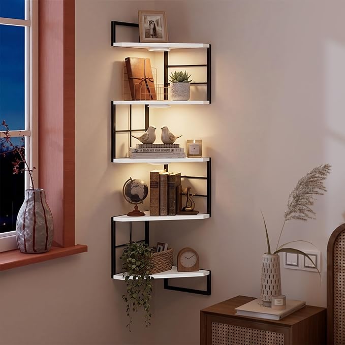 Corner Floating Shelves with Lights - 5 Tiers Corner Shelf Wall Mounted, Bookshelf with LED Light, Floating Shelves for Wall,