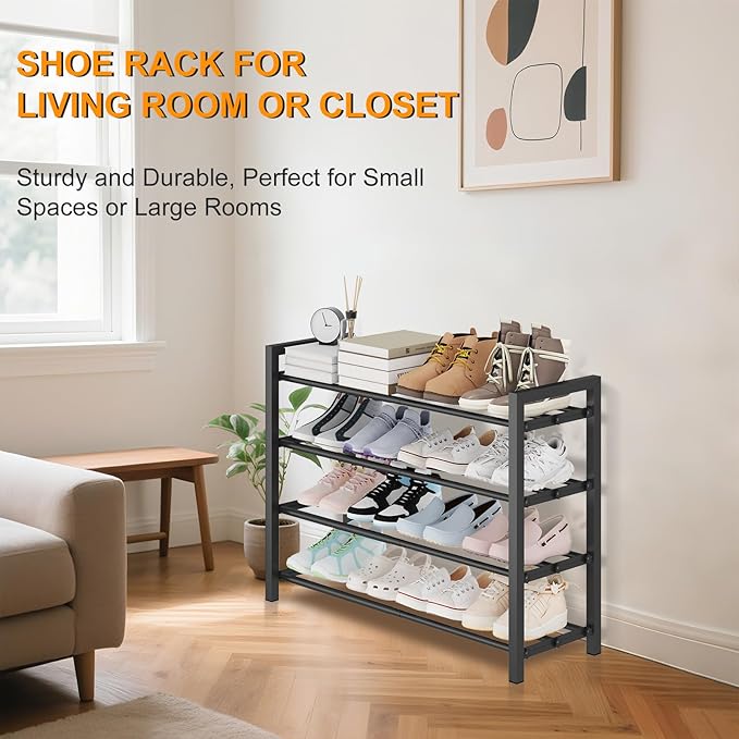 Detsuk 4-Tier Expandable Shoe Rack – Adjustable Metal Shoe Organizer for Closet, Entryway & Mudroom – Stackable, Heavy-Duty S