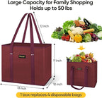 BALEINE 3Pk Reusable Grocery Bags, Foldable Shopping Bags for Groceries with Reinforced Bottom & Handles (Red)