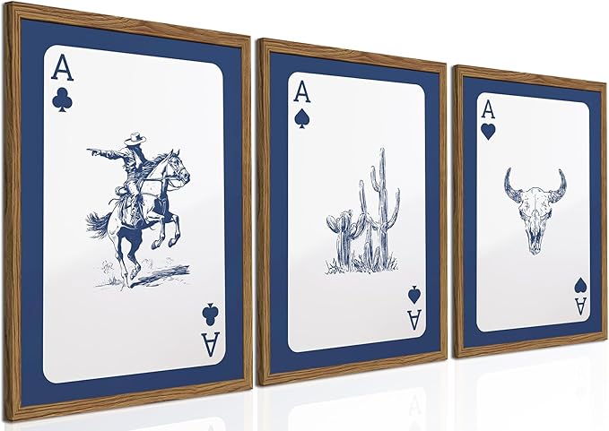 Western Wall Art Set of 3, Blue Cowboy Wall Decor Trendy Southwestern Playing Card Longhorn Bull Skull Poster Canvas Aestheti