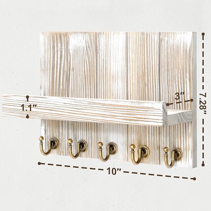 Rebee Vision Farmhouse Key Holder for Wall - Mail Organizer & Key Hanger for Wall - 5 Sturdy Key Hooks with Small Floating Sh