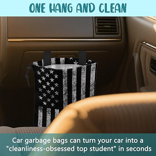 Car Garbage Bag Black and White American Flag Hanging Canvas Car Trash Bag Drawstring Car Back Seat Organizer for Car Back Front Seat Console with Adjustable Buckle