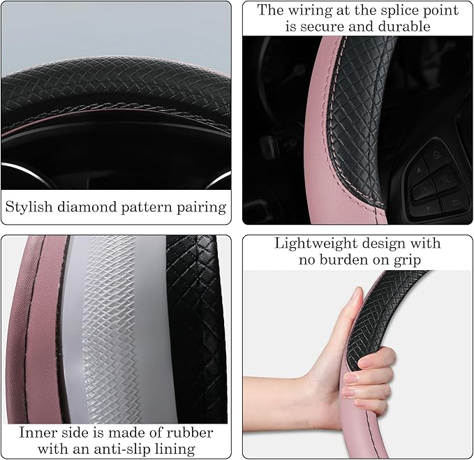 Black & Pink Car Steering Wheel Cover, Microfiber, Leather Patchwork, Universal 14.5-15 Inch Leather Anti-Slip Breathable Aut