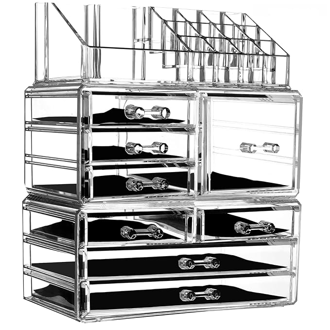Cq acrylic 3 Pack Clear Makeup Organizer for Vanity,Countertop,Stackable 8 Drawers Cosmetic Storage for Hair Clip,Jewelry,Lip