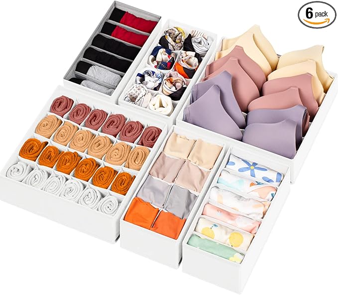 6 Pack Sock Underwear Drawer Organizer Dividers, 58 Cell Foldable Fabric Dresser Closet Organizers and Storage Bins for Cloth
