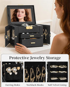 TORIBIO Jewelry Box for Women, Leather Jewelry Organizer with Mirror & Lock, 3-Tier Jewelry Storage Organizer with 2 Drawers 