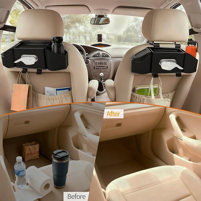 7-In-1 Multifunctional Car Seat Back Organizer with Cup Holders, Tissue Box, Garbage Can & Hooks, Headrest Storage & Cup Holder for Backseat (Black)